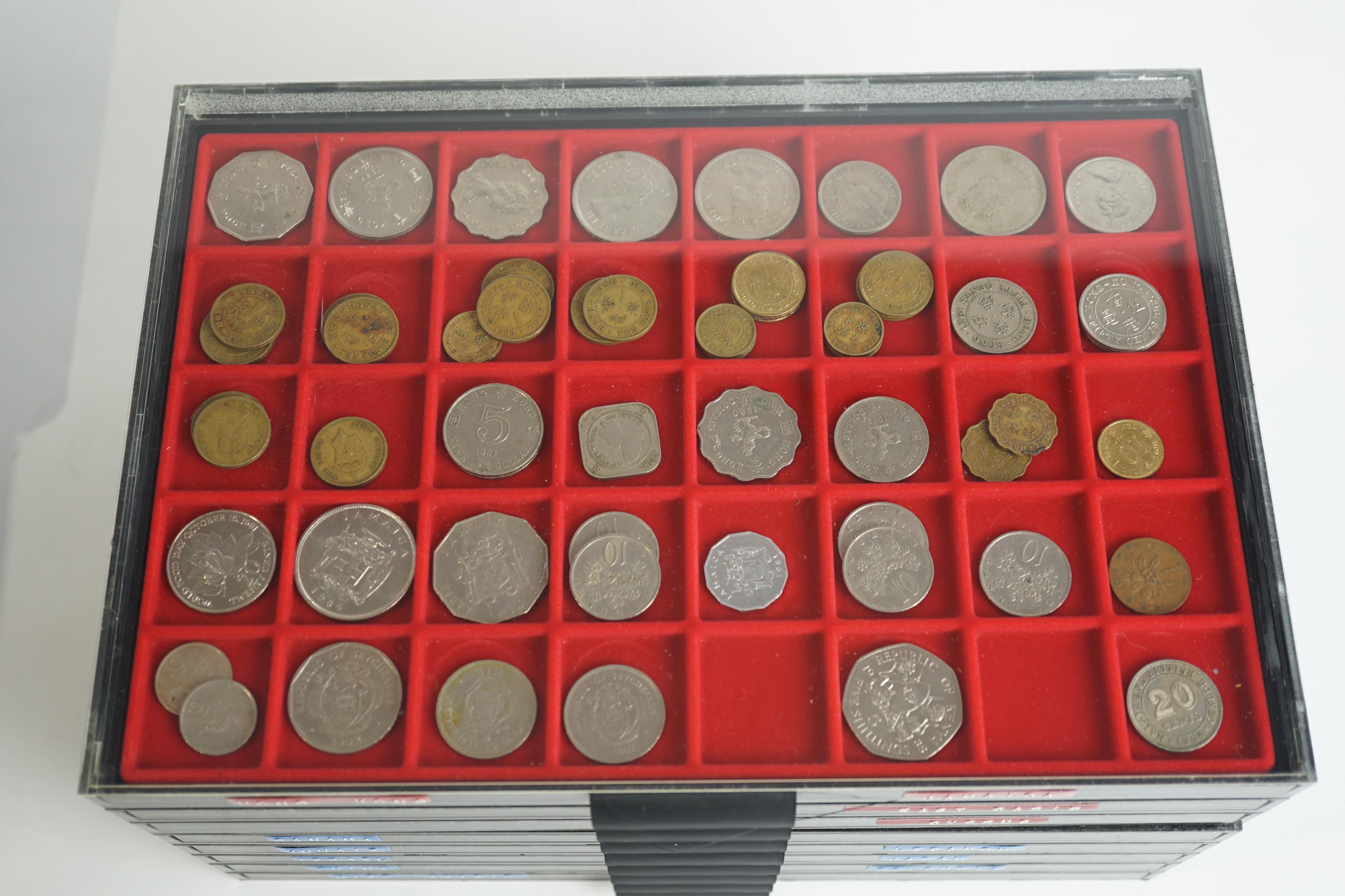 World coins, a collection, mostly 1960s to 1990s, including Hong Kong, Jamaica, Cyprus, Panama, Japan, miscellaneous Arabic, Greece, Germany, Britain, Singapore, South Africa, Ireland, Italy, Spain, Portugal etc., in for